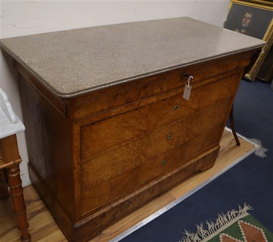 A 19th century French burr elm marble top commode W.130cm